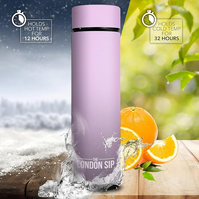 London Sip Multi-Purpose Tea Infuser Travel Mug and Tumbler Fruit Infuser Flask Hot and Cold Double Wall Stainless Steel Thermos with Extra-Long Infuser, Gentle Lilac
