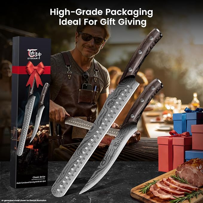 Brisket Slicing Knife Set, Carving & Boning Knife for Meat & Turkey | Japanese Style High Carbon Steel Kitchen Knives Set for Home & BBQ, Wenge Wood Ergonomic Full Tang Handle, Ideal for Gift