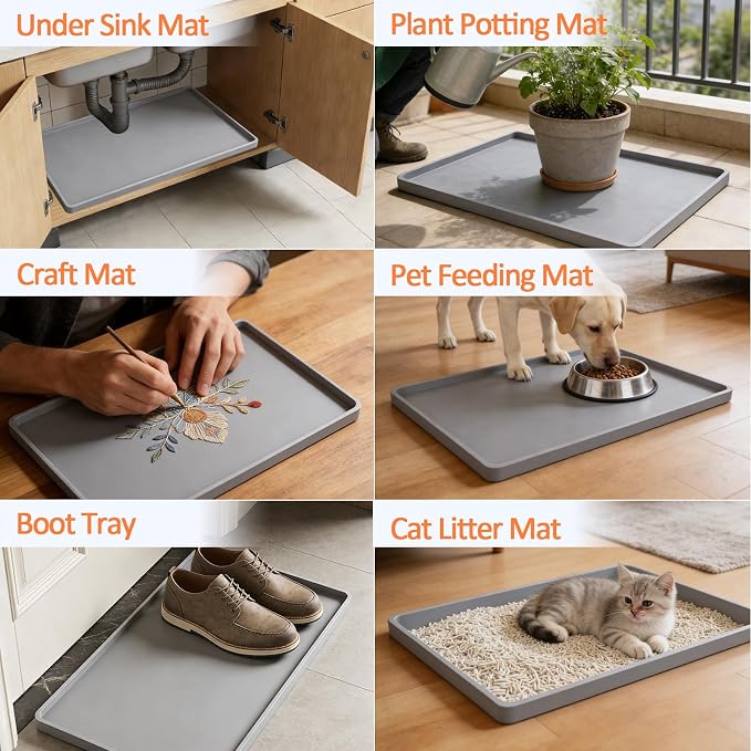 Silicone Coffee Maker Mat with Lip for Countertops, 18.9'' x 11.8'', Grey | Multi leak-proof coffee tray for countertop, non-slip silicone mat fits most coffee makers & espresso machines, wipe-clean