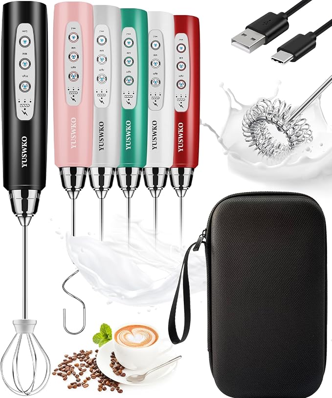 YUSWKO Black Rechargeable Milk Frother Handheld Frother Wand Drink Mixer for Coffee, Electric Whisk 3 Speed Adjustable, Coffee Foamer Maker with 3 Stainless Whisks Ideal Stirrers for Travel | Drink Mixer Wand Coffee Frother Handheld With 3 Heads 3 Spee...