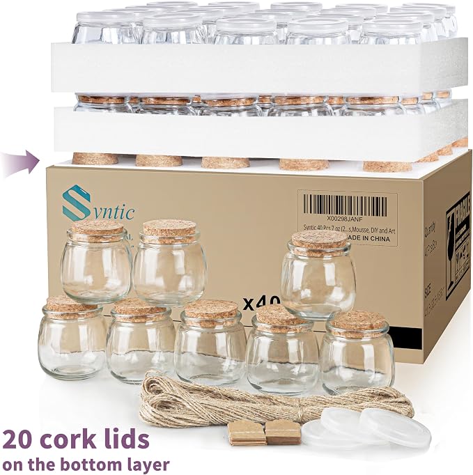 40 Pack 7oz Small Glass Jars with Cork Lids,Mason Jars | PE Lids,Twine & Labels for Candle Making,Yogurt,Wedding Favors,Spice Storage,Dessert Cups,Party Decorations & DIY Crafts