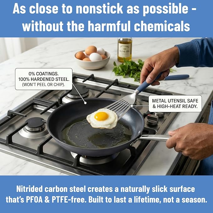 Misen Carbon Nonstick™ Skillet - Nitrided Carbon Steel - Professional Alternative to Teflon - 1100°F High Heat Ready - Easy Release - Induction, Oven, & Grill Safe - 10 Inch