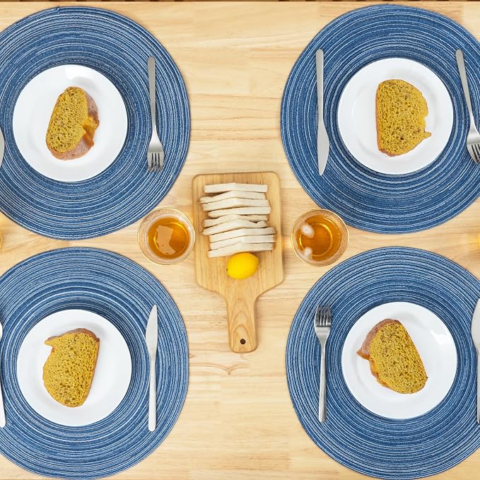 Winknowl Round Braided Placemats Set of 6 Washable Woven Heat Resistant Table Mats for Kitchen Dining Tables 15 inch Round Place Mats (Seascape Blue,6)