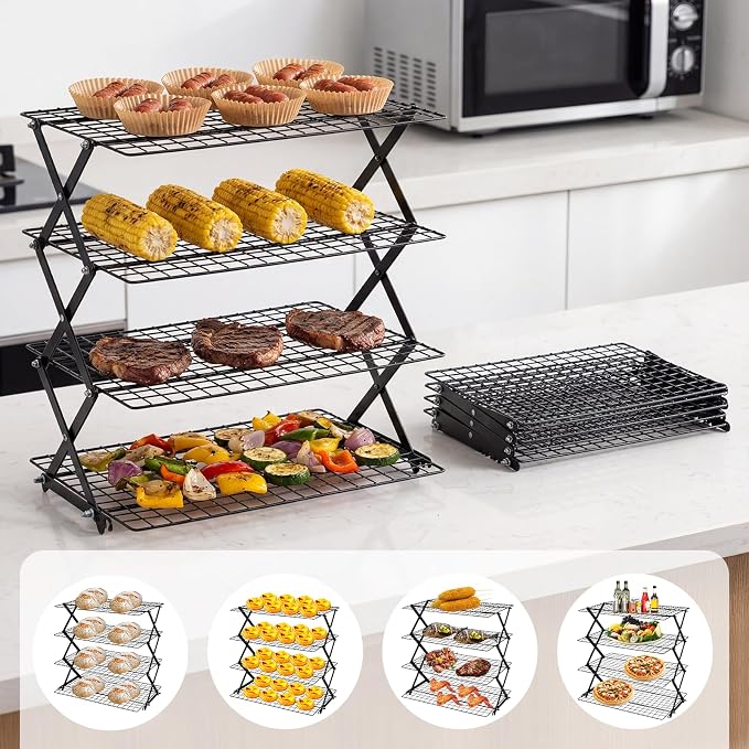 4-Tier Upgraded Collapsible Cooling Rack with Adjustable Setting Design,Cooking Drying Wire Cooling Rack for Baking, Cookies, Cake, Roasting, Grilling