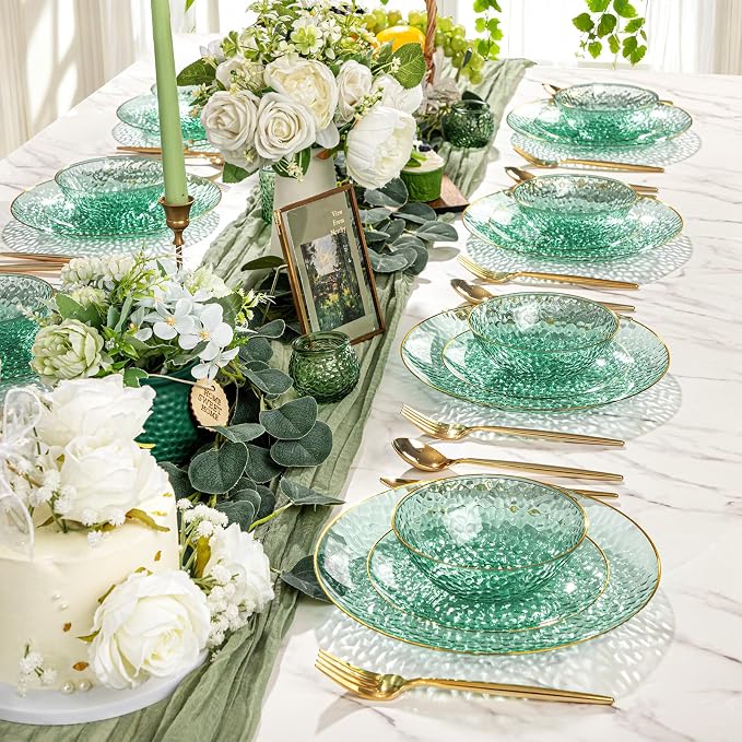 50 Pack 12 Ounce Clear Green Plastic Bowls Serving Bowls Hammered with Gold Rimmed, Heavy Duty Disposable Bowl Set,Small Bowls for Party Picnic