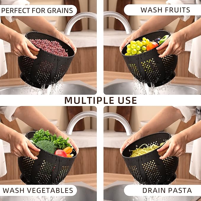 Metal Colander with Wood Handle and Stable Base, Powder Coated Steel Kitchen Strainer Basket for Draining Pasta, Vegetable and fruit(3quart,Matte Black)