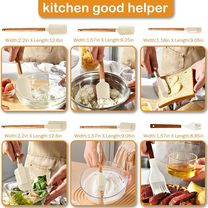 7 Piece Silicone Spatula Set, Food Grade Rubber Spatula Set with Wooden Handle, Heat Resistant Up to 600°F, Silicone Utensils Set for Baking, Cooking & Mixing, Jar, Non-Stick Kitchen Utensils