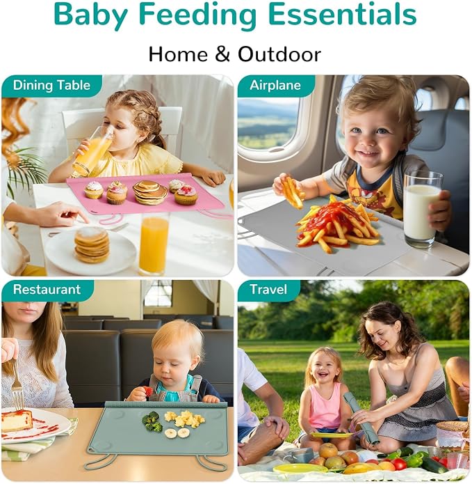 Silicone Placemat for Babygirls Eating-Out: Wipe Clean & Roll up for Outdoor - Pink Table Mat for Restaurant/Travel/On-The-Go