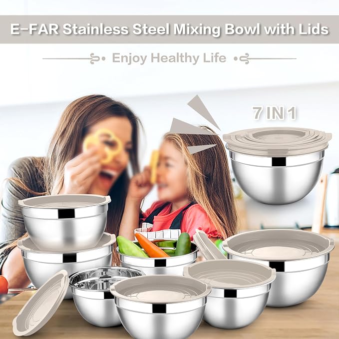E-far Stainless Steel Mixing Bowls with Lids, 7-Piece Metal Mixing Bowls with Khaki Airtight Lids for Baking/Cooking/Prepping, Size 7, 4.6, 3, 2, 1.5, 1, 0.7QT, Nesting Design & Easy Storage