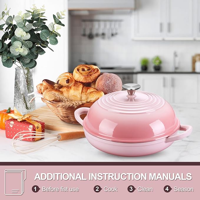 P&P CHEF Pink Enameled Bread Dutch Oven for Sourdough, 5.5 QT | Cast Iron Dutch Oven Pot with Dome Lid for Homemade Bread Baking, Easy to Clean & Even Heat, Oven Safe