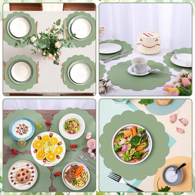 60 Pcs Sage Green Paper Placemat, Disposable Scalloped Wedding Placemats | 13.5 Inch Round Table Place Mats, Round Table Place Mats for Birthday Wedding Bridal Shower Baby Shower Banquet Tea Party