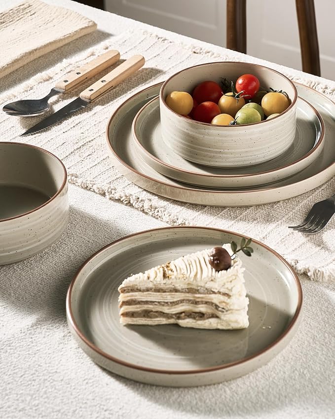 Famiware Stellar 12-Piece Stoneware Dinnerware Set, Matcha Green | Stoneware Plates and Bowls, Handmade Reactive Glaze, Microwave & Dishwasher Safe, Chip & Scratch Resistant