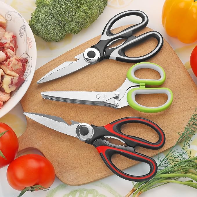 Kitchen Scissors, Multi-Purpose Heavy Duty Meat & Poultry Shears, Multi-Edge Scissors, Stainless Steel Blades, Dishwasher Safe, Black/Red/Green, Set of 3