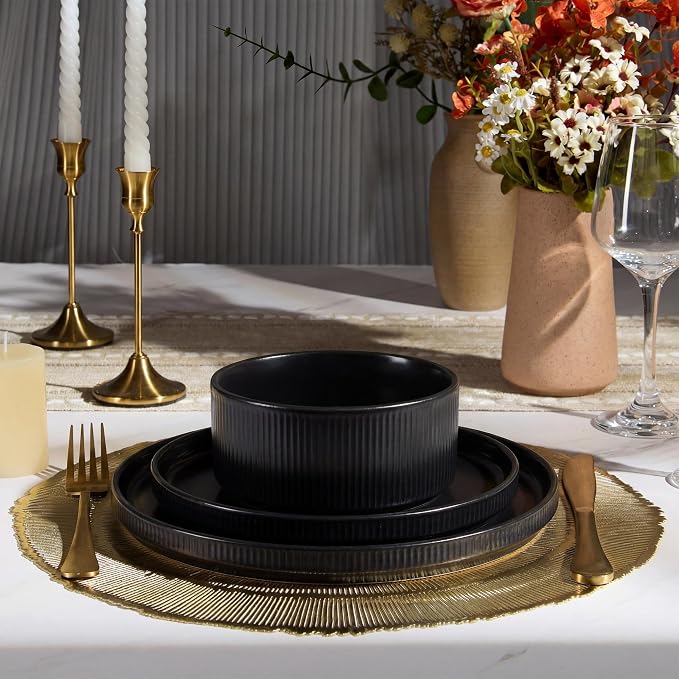 E-far 12-Piece Plates and Bowls Sets, Stoneware Dinnerware Dishes Sets for 4, Kitchen Modern Dining Dishware, Chip & Scratch Resistant, Microwave & Dishwasher Safe, Matte Black