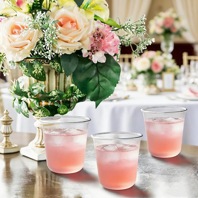 100 x Round Bottom Clear Plastic Cups 12 oz | Disposable Cocktail Cups, Stemless Wine Glasses, Cute Plastic Party Cups for Meeting, Wedding, Birthday, Party Supplies