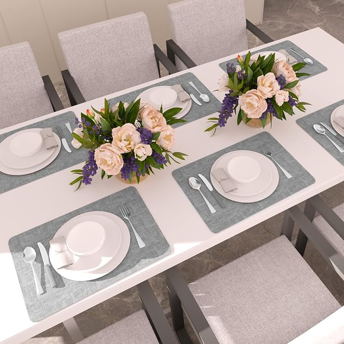 Maxpearl Faux Leather Placemats Set of 6, Easy to Clean, Grey | Waterproof - Heat Resistant - Non Slip - Wipe Clean Dining Table Place Mats, Suitable for Indoor & Outdoor Use, 17''×12''