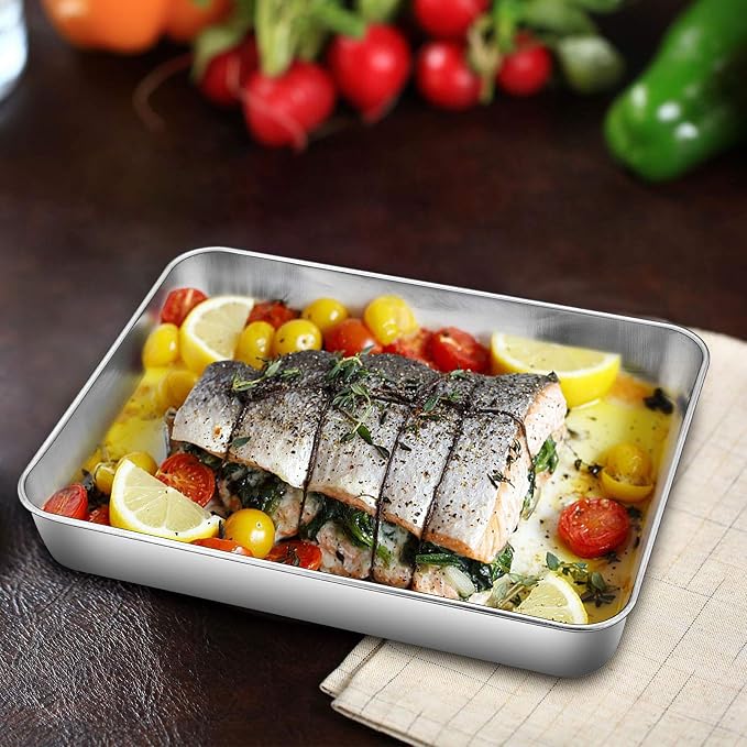 TeamFar Baking Pan with Lid, 10.5" x 8" Rectangule Cake Pans- 2Pans +2 Lids | Stainless Steel Lasagna Pans with Covers for Cake Brownie Casseroles, Birthday Party Outdoor, Healthy, Oven & Dishwasher Safe
