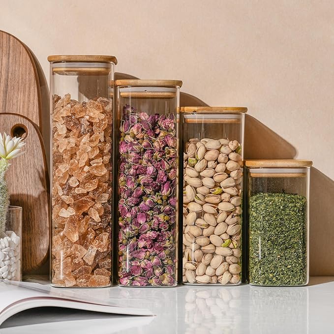 D2scrma 56oz Rectangle Airtight Glass Storage Containers with Bamboo Lids (Set of 3), Square Food Storage Jar, Pantry Organizers for Oats, Cereal, Pasta and Coffee beans (with Black Lable)