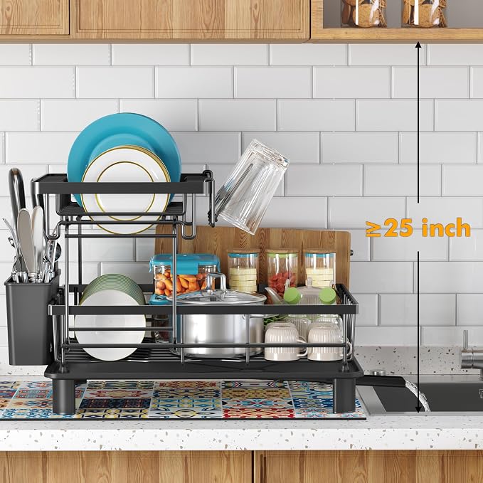 2 Tier Large Detachable Dish Drying Rack for Kitchen Counter,Black | Compact Drying Rack Kitchen, Rust-Resistant Dish Drainer Organizer, Space-Saving Dish Racks with Drainboard, Utensil Holder