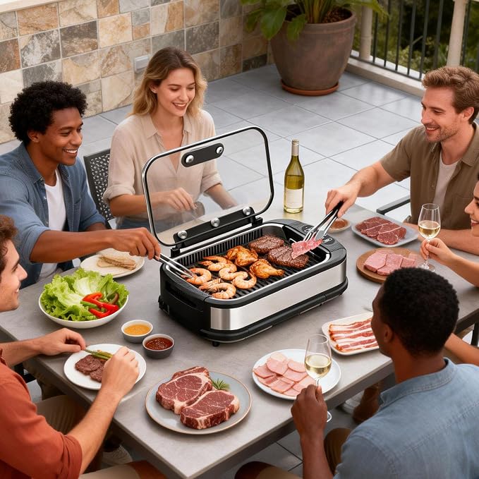 Electactic Smokeless Electric Grill & Griddle for Indoor Cooking, Nonstick Contact Grill with 6-Level Temperature Control, Dishwasher Safe Plates, Auto Shut-Off, Ideal for Kitchen, Apartment, Home