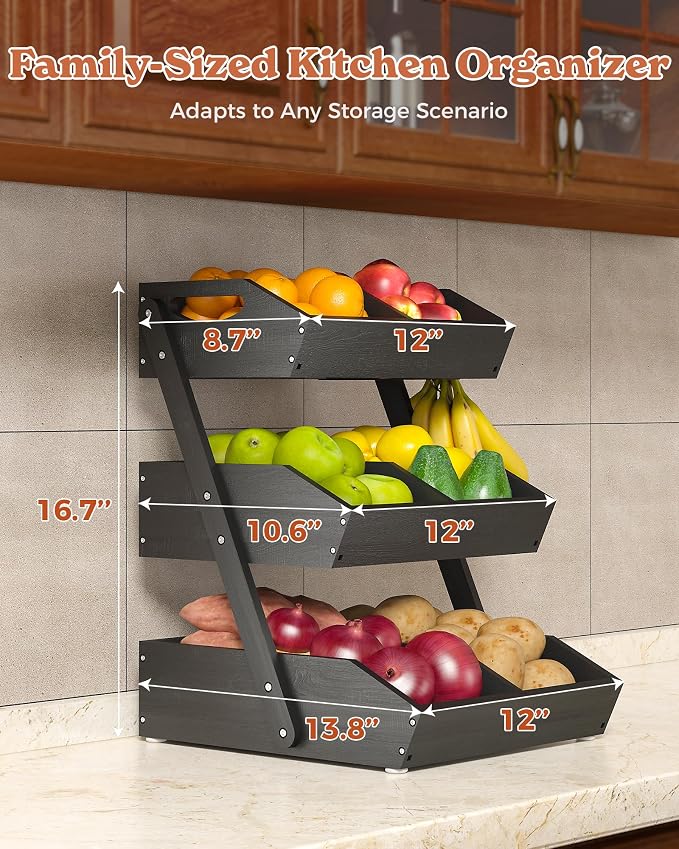 3-Tier Bamboo Fruit Basket with 2 Banana Holders Black | Large tiered organizer for bread, snacks, veggies. Sturdy bamboo, includes mats & dividers. Easy to assemble.