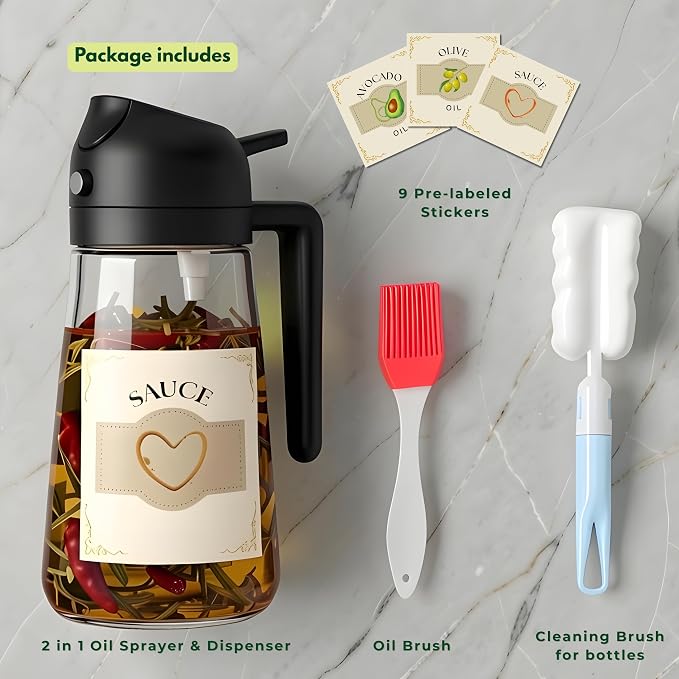 Glass Olive Oil Sprayer for Cooking 16oz/470ml ā Transparent 2-in-1 Glass Oil Sprayer & Dispenser with 9 Labeled Stickers, Kitchen Gadgets & Air Fryer Accessories, Olive Oil Dispenser ā Black