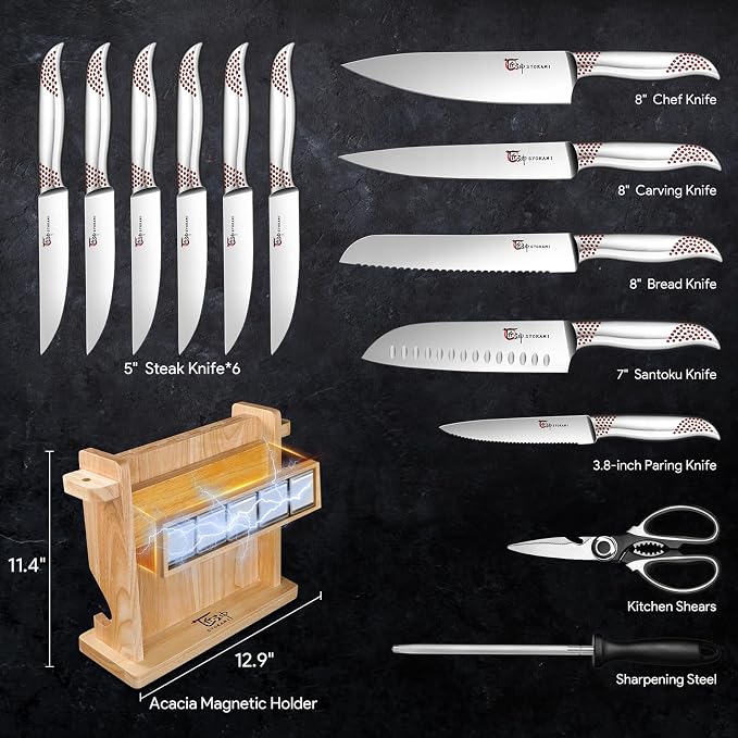 Japanese Knives Set for Kitchen, Magnetic Knife Set with Block and Sharpener, Stainless Steel Knife Set as Gift for Couple, Wedding, Women or Mom with Gift Box, 14 PCS Red Dot