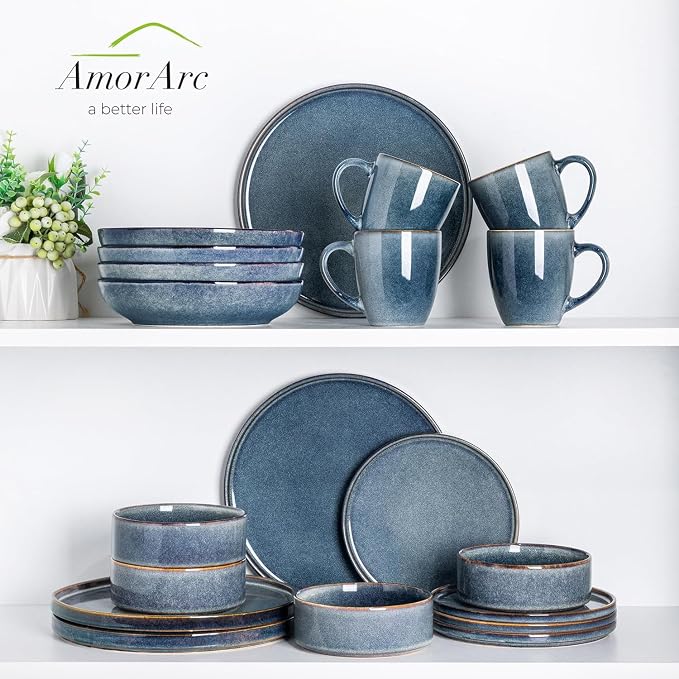 AmorArc Ceramic Dinnerware Sets for 8,24 Piece Plates and Bowls Sets Dishes | Stoneware Handmade Reactive Glaze Dishes Set | Highly Chip and Crack Resistant | Dishwasher & Microwave Safe
