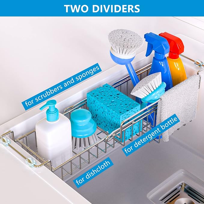 Dish Stands, Over The Kitchen Sink Caddy Sponge Holder Organizer Drying Rack Expandable for Sponge Brush Soap Dish Cloth Rag Smaller 12.25" to 17.25", Stainless Steel