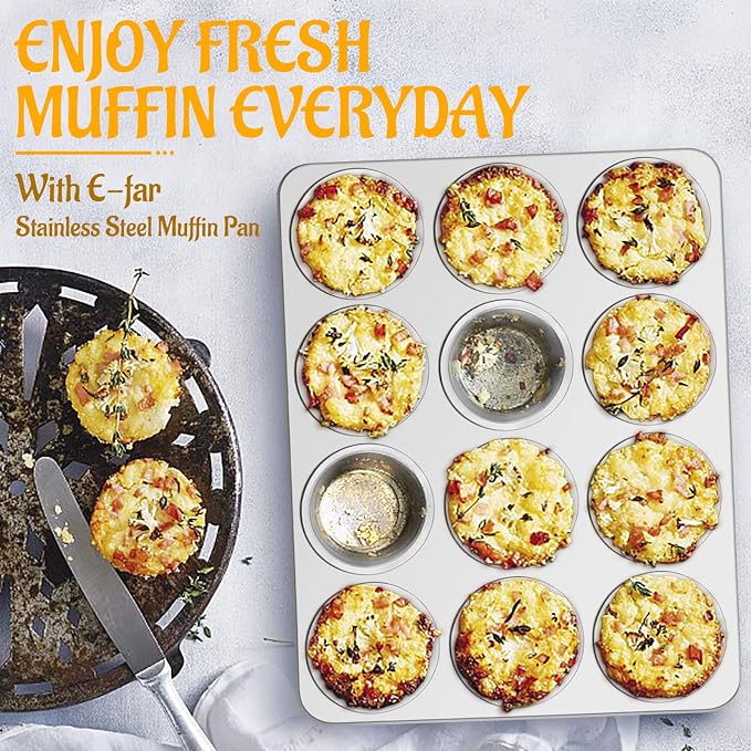 E-far Muffin Pan 12-Cup, Stainless Steel Cupcake Pan for Oven | Non-Toxic Metal Muffin Tins for Baking Muffins & Cupcakes, Regular Size & Easy Clean, Dishwasher Safe
