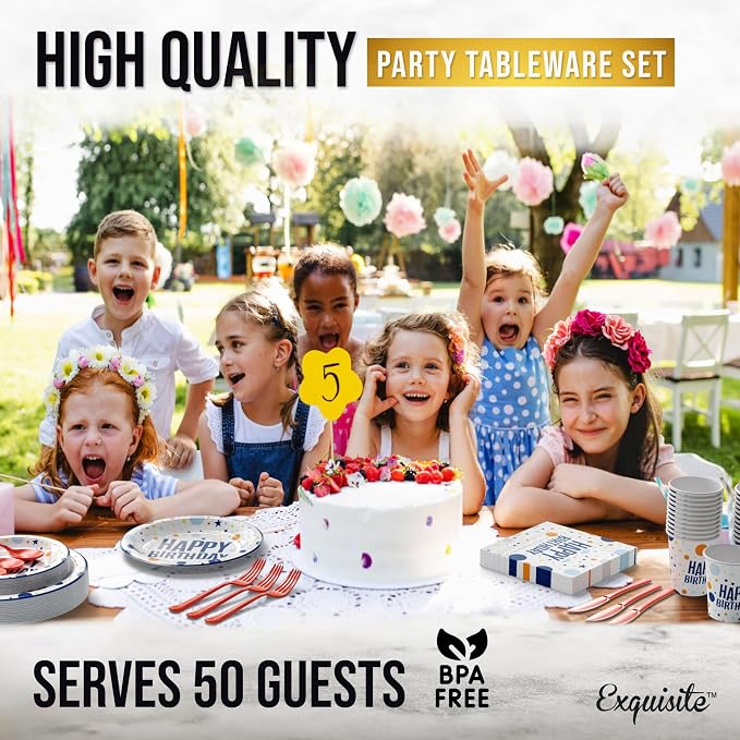 Exquisite 350 Pcs Blue Happy Birthday Plates and Napkins Set, Blue Birthday Plates Set, 50 Of Each 9" Dinner Plate, 7" Dessert Plate, 12 oz Cups, Napkins & Cutlery Plastic Dinnerware Set Set