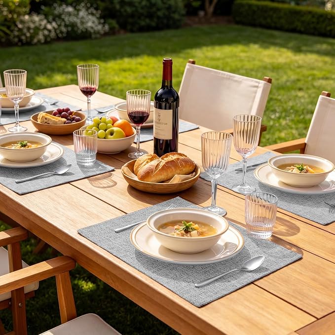 Faux Cotton Linen Placemats Set of 6, Cloth Washable Farmhouse Dining Table Mats for Indoors & Outdoors, Easy to Clean, Light Grey, 13 x 19 Inch