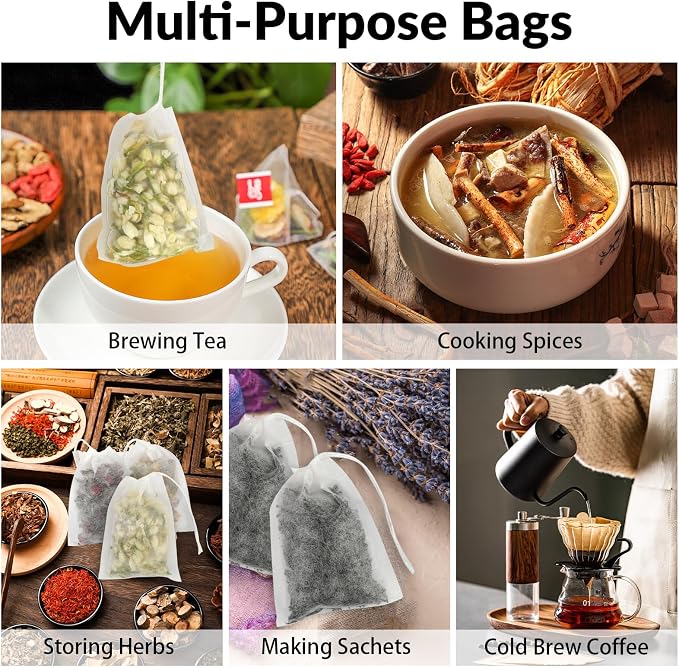 300 Pcs Disposable Empty Tea Bags for Loose Leaf Tea, Natural Corn Fiber | 3.54" x 2.75", Food-grade, with Drawstring, Safe for Hot Water Brewing, for Coffee, Herbs, Spices, Tea Filter Sachets Infuser