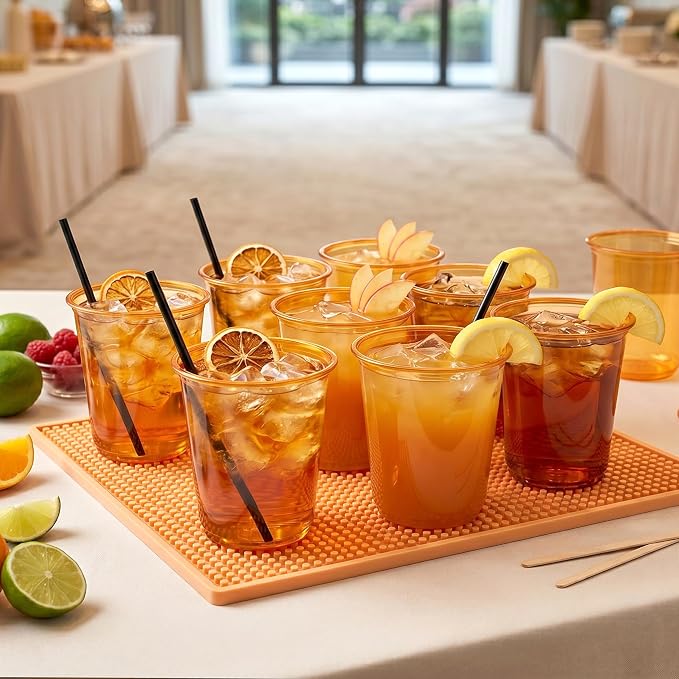 WELLIFE 200 Pcs 12 oz Clear Orange Plastic Cups | Disposable Cocktail Glasses Stemless Wine Punch Cups for Cold Drinking Party Supplies Graduation Halloween Thanksgiving Day