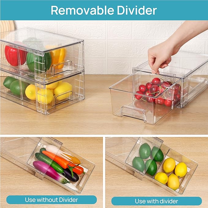 Vtopmart 6 Pack Stackable Storage Drawers,Clear Acrylic Drawer Organizers with Handles, Easily Assemble Containers for Fridge, Bathroom,Kitchen Undersink,Cabinet,Pantry Organization and Storage | Clear Drawer Organizers with Removable Dividers for Flex...