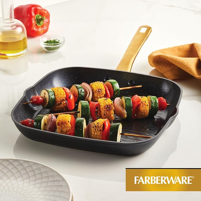 Farberware Forged Induction Ceramic Cookware Nonstick Square Grill Pan/Griddle Pan, Dishwasher Safe, Suitable for All Stovetops, 11 Inch - Black and Gold