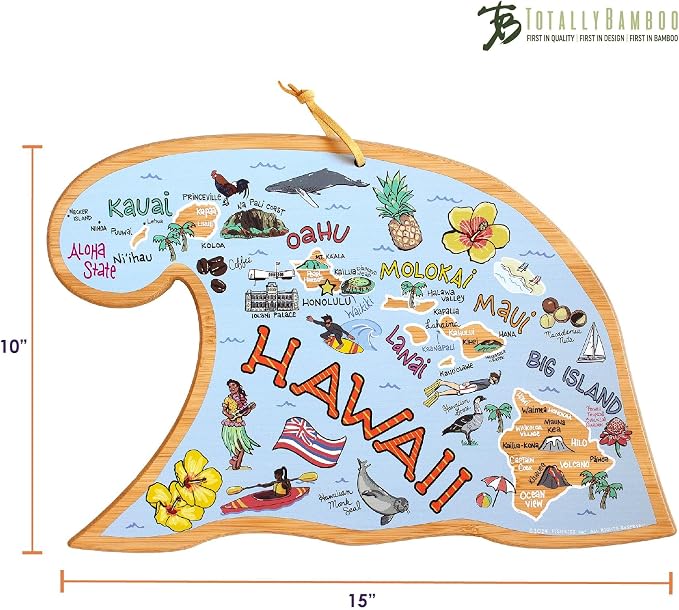 Totally Bamboo Hawaii State Shaped Cutting Board, Art by Fish Kiss | State charcuterie board with colorful hand-drawn map artwork. Smooth reverse side for food prep. Hang tie for wall display.