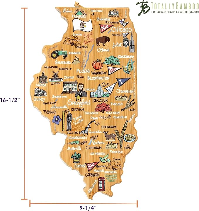 Totally Bamboo Illinois State Shaped Cutting Board, Art by Fish Kiss | State charcuterie board with colorful hand-drawn map artwork. Smooth reverse side for food prep. Hang tie for wall display.