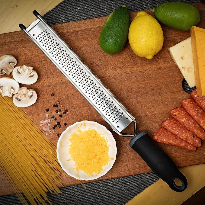 3-in-1 Lemon Zester & Cheese Grater, 304 Stainless Steel, 15-Inch, Black | Three Blade Surfaces for Fine Zesting, Coarse Grating and Slicing, 304 Stainless Steel, Non-slip TPE Handle, Dishwasher Safe