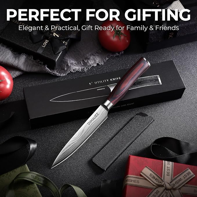 DiiHAUZZ Kitchen Utility Knife, 5 Inch Paring Knife, High Carbon Steel | Ultra Sharp Edge, Ergonomic Pakkawood Handle, Non Slip, Light Weight, Crack Resistant, Snap Resistant, Sheath, Gift Box