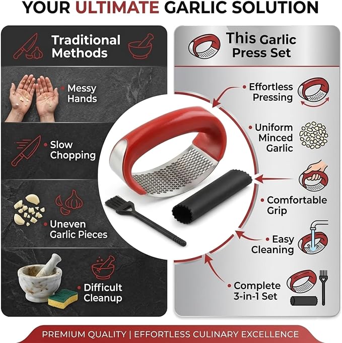 Angel's Peel Lounge Stainless Steel Garlic Press Rocker Set with Silicone Garlic Peeler & Cleaning Brush – Garlic Chopper, Mincer, Grater, Crusher – Easy for Crushed Cloves – Rust-Resistant, Red