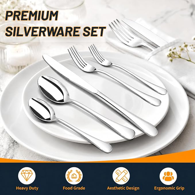 NICE KITCHEN Silverware Set, 40 Piece Stainless Steel Cutlery Sets for 8 | Heavy Duty Flatware, Mirror Polished Forks Spoons and Knives Set, Reusable Utensils for Home Kitchen, Dishwasher Safe