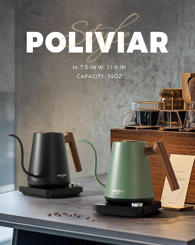 POLIVIAR Electric Gooseneck Kettle, 1350W Electric Tea Kettle Wood Pattern Handle, 34oz Pour Over Electric Kettle for Coffee & Tea, 18/8 Stainless Steel Inner, Temperature Control & Rapid Heating | 1350W, 34oz Pour Over Electric Tea Kettle for Coffee &...