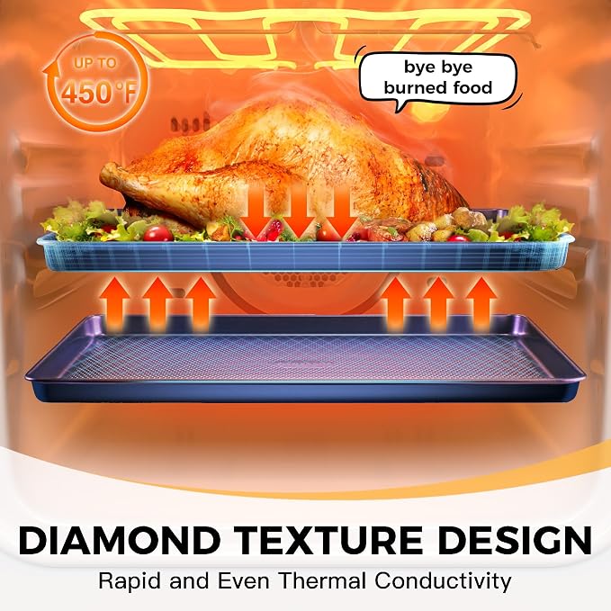 9-Piece Baking Pans Set Nonstick, Stackable Non Toxic Bakeware Sets with Diamond Texture, Oven Pan Set for Cooking, Includes Cookie Sheet with Rack, Cake Pan, Roasting Pan, Muffin Tin, Blue