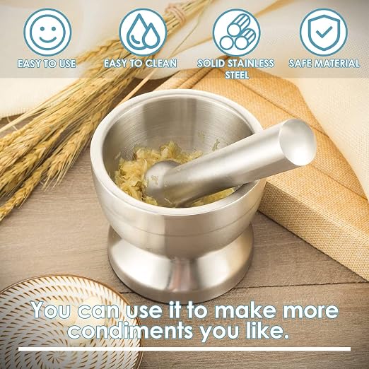 KEISSCO Stainless Steel Mortar and Pestle Set, Spices Grinder Pill Crusher with Silicone Protective Lid - Heavy Duty Mortar Pestle for Molcajete Herb Bowl, Pesto Powder, Spices Herbs Grinder