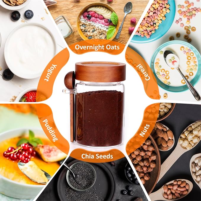 28 oz/850 ml Glass Storage Canister with Airtight Wooden Lid, Clear Small Decorative Container Jar with Spoon for Salad Overnight Oats Snacks Yogurt Cereal Fruit Spice Sugar Coffee - 4 Pack