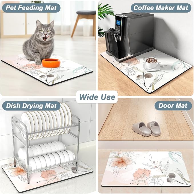 Rnivvi Coffee Mat, 12" x 19" Cute Coffee Bar Mats for Espresso Machine Station Accessories and Organizer, Hide Stain Rubber Backed Absorbent Dish Drying Pad for Kitchen Counter, Watercolor Flowers