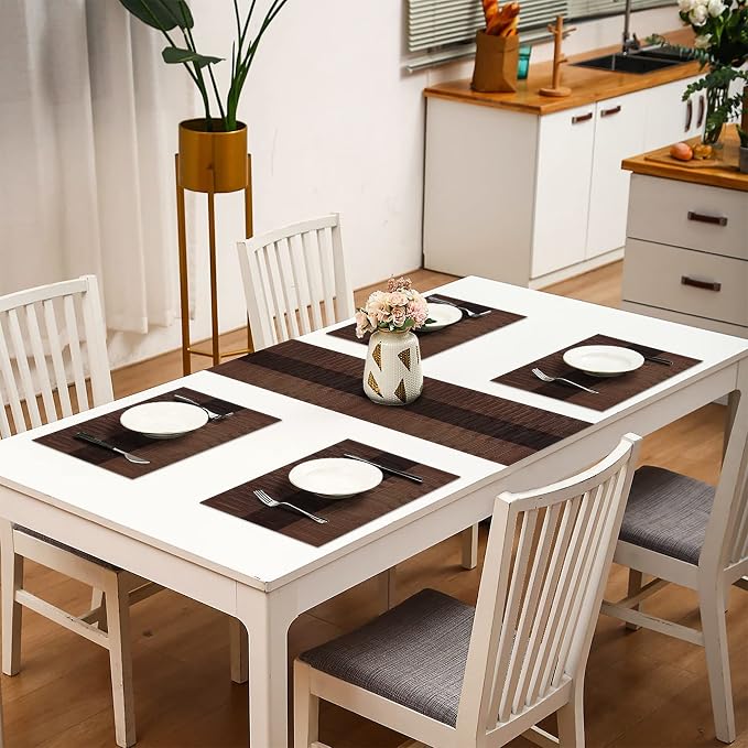 HeloHo Brown Black Placemats Set of 4 Washable Place Mats Vinyl Woven Table Mats Wipeable Placemat for Kitchen Dining Table Decoration Indoor Outdoor