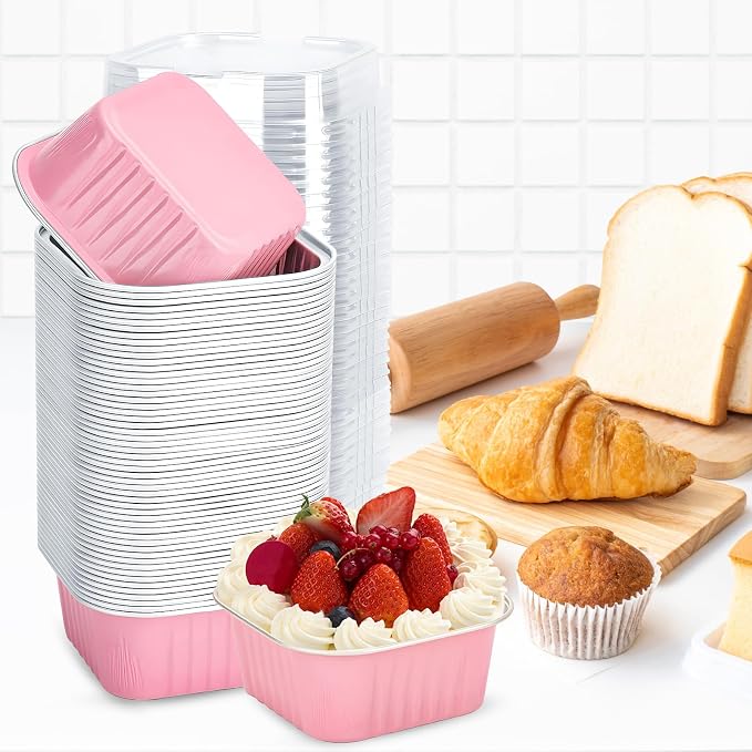 100Pack 5oz Pink Mini Cake Pans with Lids Baking Cups Aluminum Foil Pans Tins, Individual Dessert Cups Containers for Sales,Party,Picnics