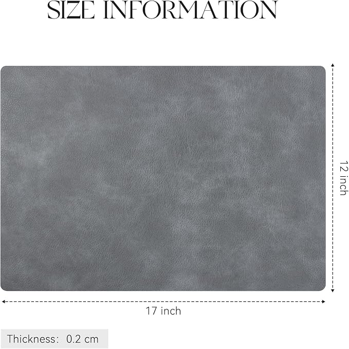 MOSAYT Vinyl Placemats Set of 4-12 X 17 Inch - Faux Leather 100% Waterproof Oil-Proof Wipeable PU Place Mats, Heat Resistant Reversible Table Mats for Kitchen, Dining, Outdoor, Grey